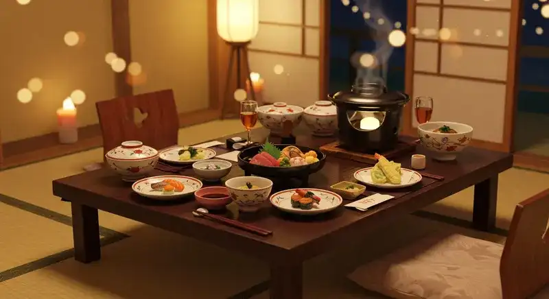 夜に豪華な御膳を楽しむ