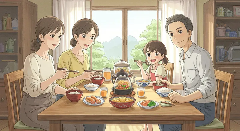 炊き立てご飯を食べる家族