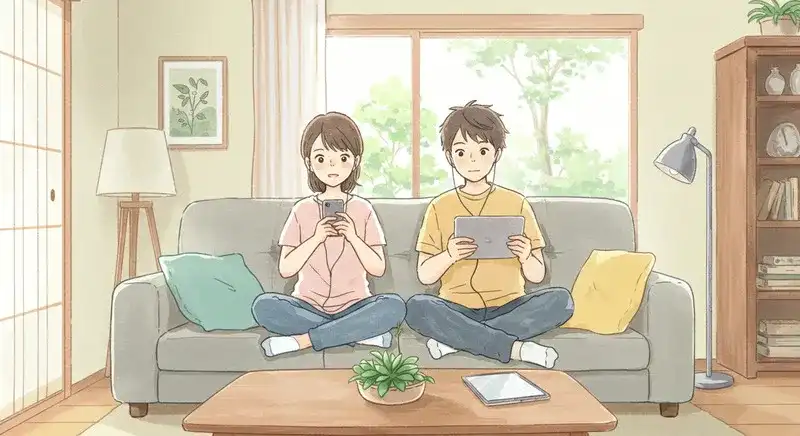 笑顔で音楽やビデオを楽しんでいる若い男女