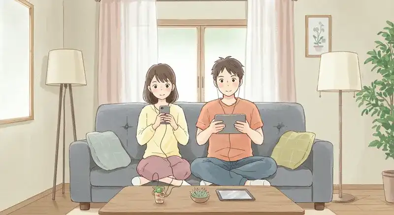 笑顔で音楽やビデオを楽しんでいる若い男女