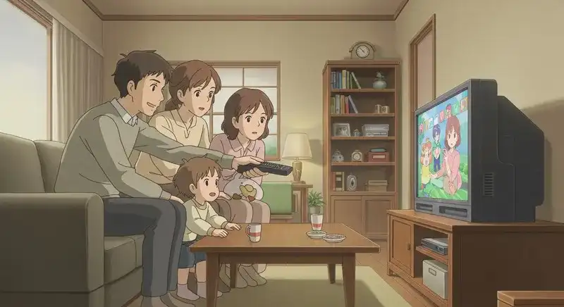 リビングでテレビを見ながらリモコンを操作する家族