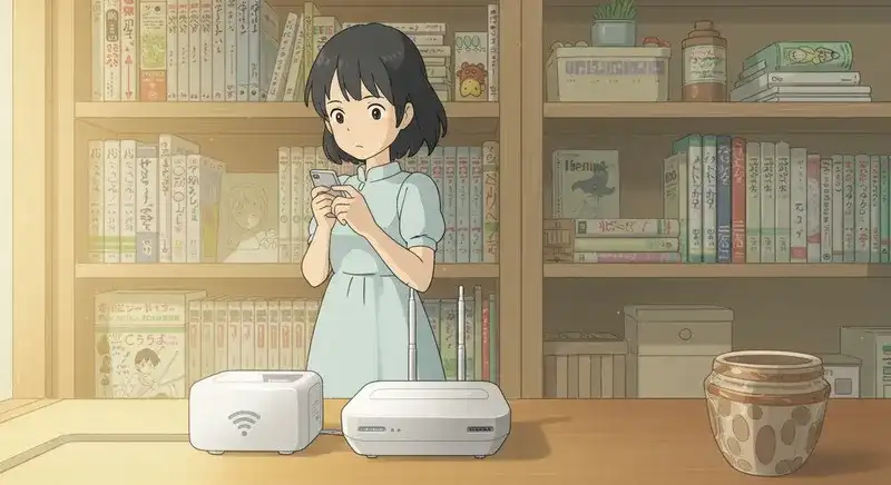 Wi-Fiルーターの近くでスマホを確認する女性