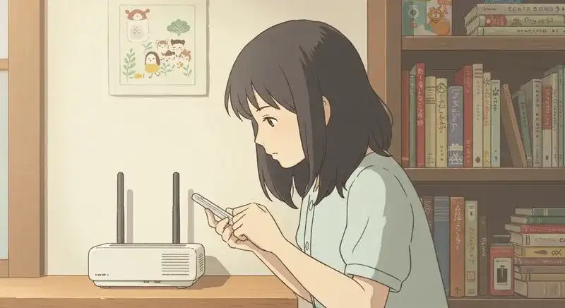 Wi-Fiルーターの近くでスマホを確認する女性