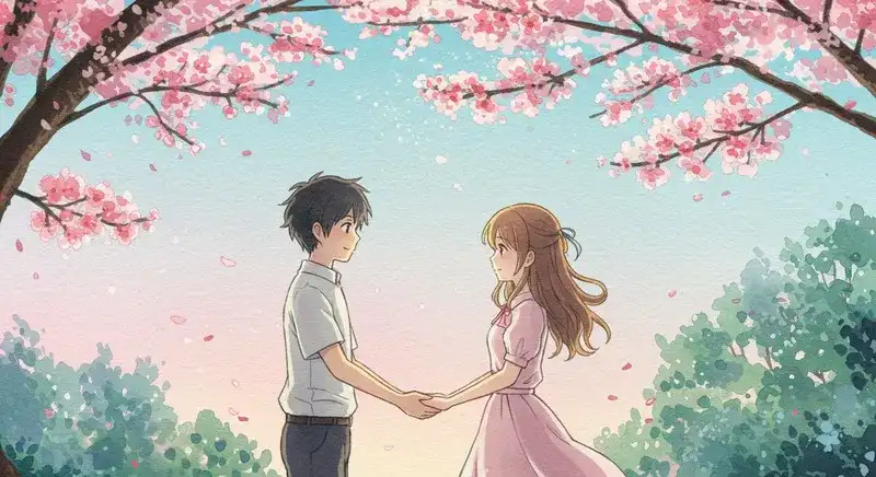 桜の下で手をつなぐ男女