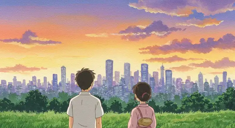 高層ビル群を夕暮れに眺める男女