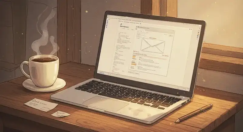 メールを表示しているノートPCとコーヒー