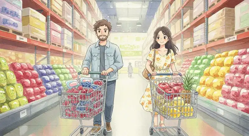 業務スーパーとコストコで買い物をする人々