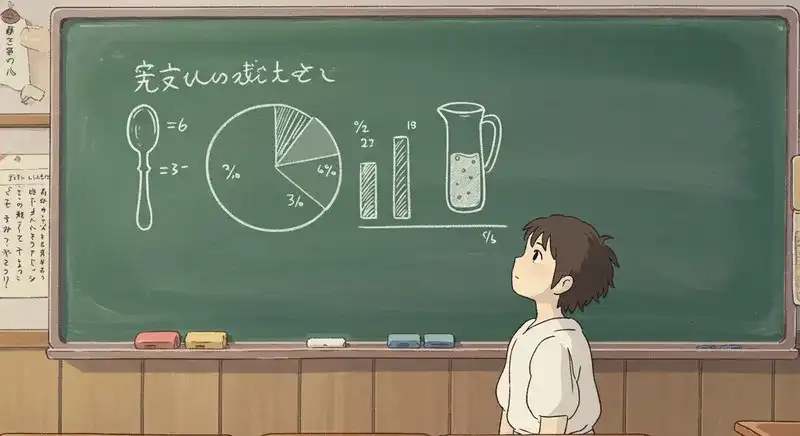 黒板で比率を学ぶ子ども