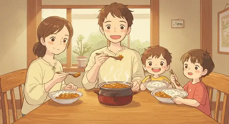 笑顔でカレーを食べる家族