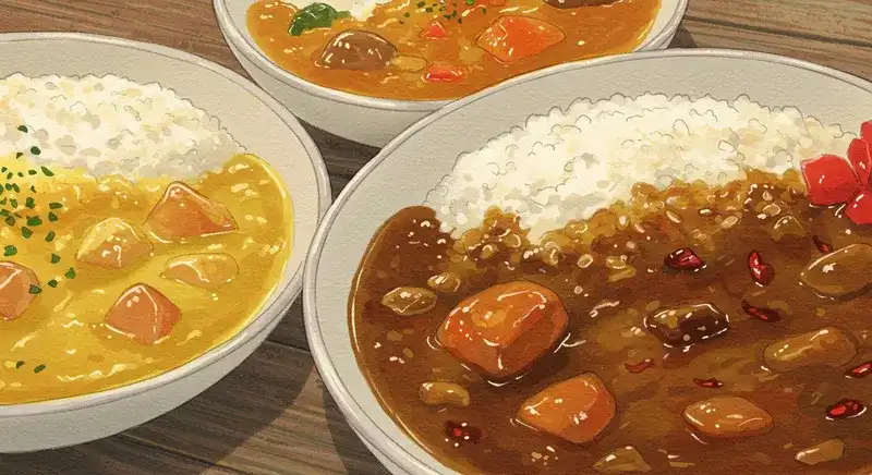 3皿のカレーとルーが並ぶ食卓