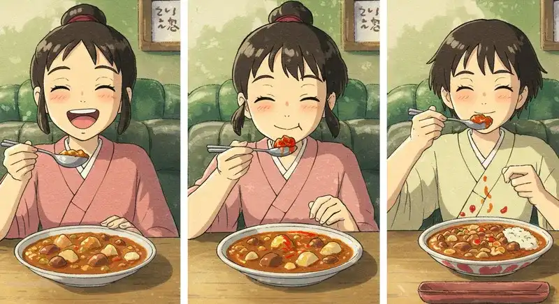 好みに合わせてカレーを食べる人々