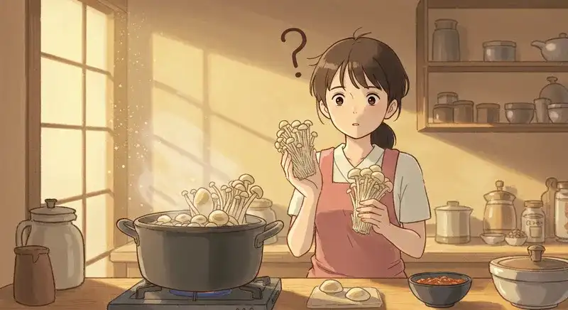 茹でる前にえのきを見つめる主婦