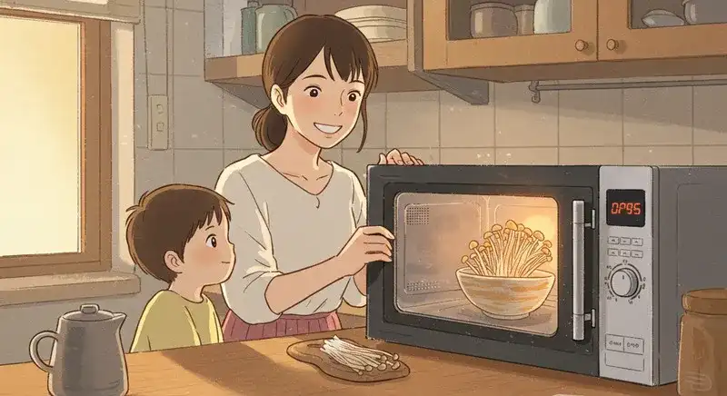 調理器具とえのきに囲まれた主婦