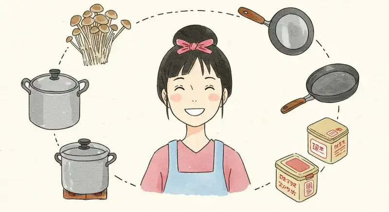 調理器具とえのきに囲まれた主婦