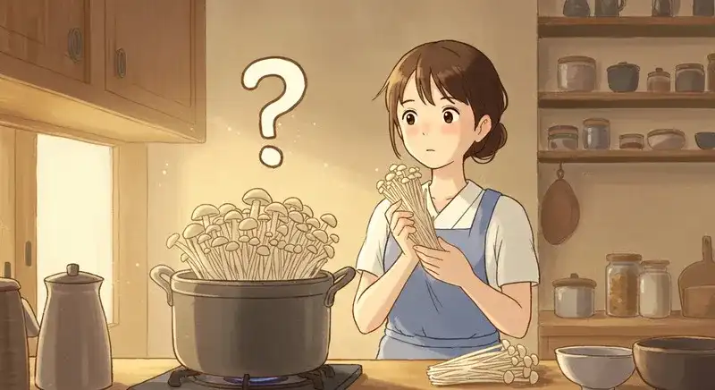茹でる前にえのきを見つめる主婦