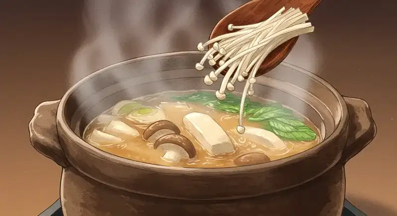 味噌汁にえのきを入れる瞬間