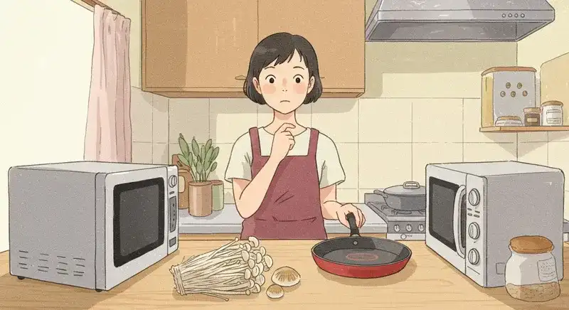 調理法に迷う主婦と調理器具