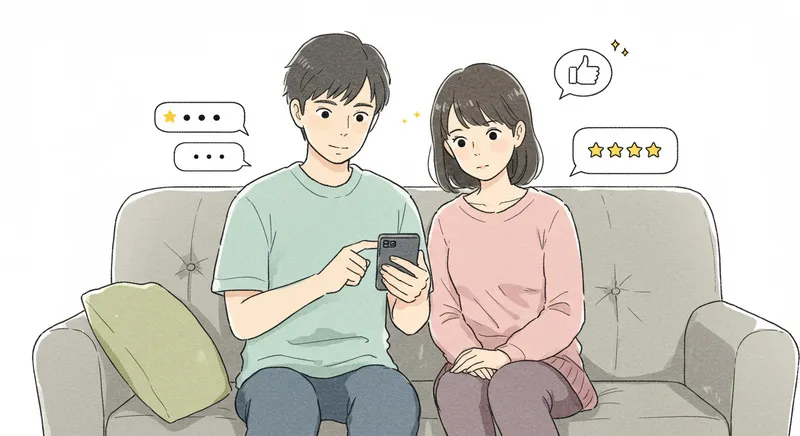 フィットットの口コミを確認する男女