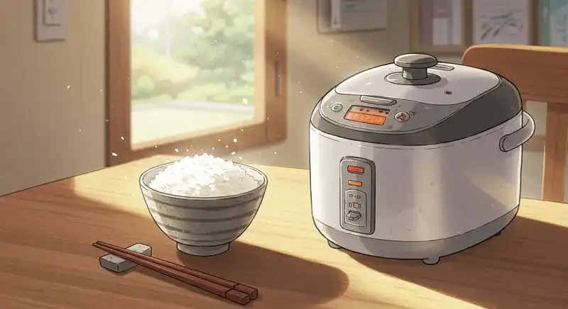 炊飯器とごはん茶碗がある朝の食卓