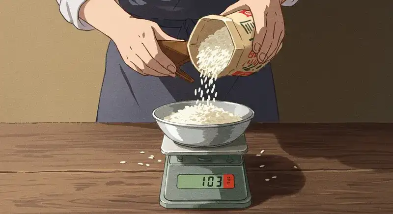 米をはかりで量っている様子