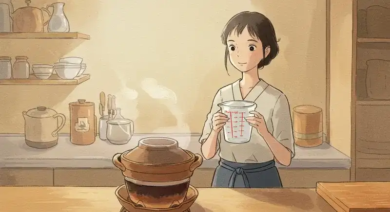 炊飯中の鍋と計量カップを持つ女性
