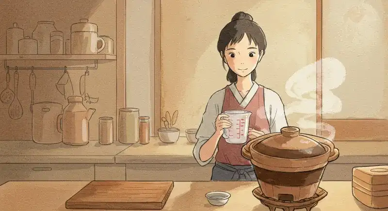 炊飯中の鍋と計量カップを持つ女性