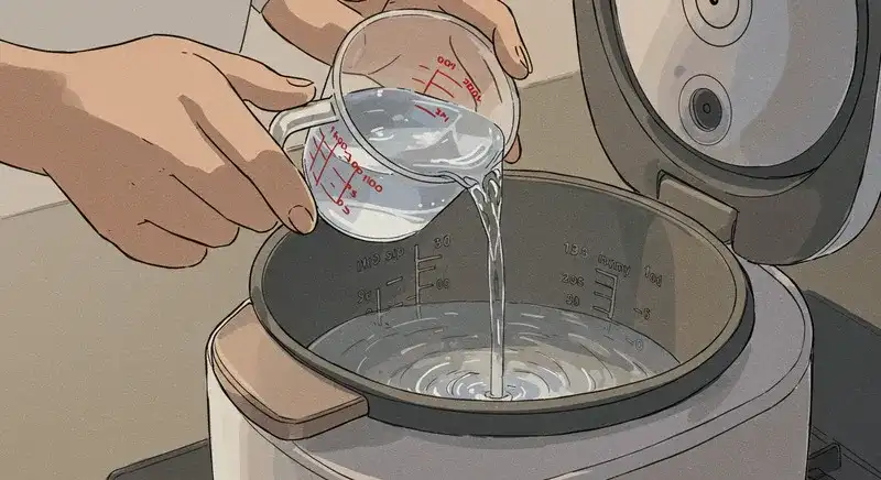 炊飯器に水を入れて調整している手元