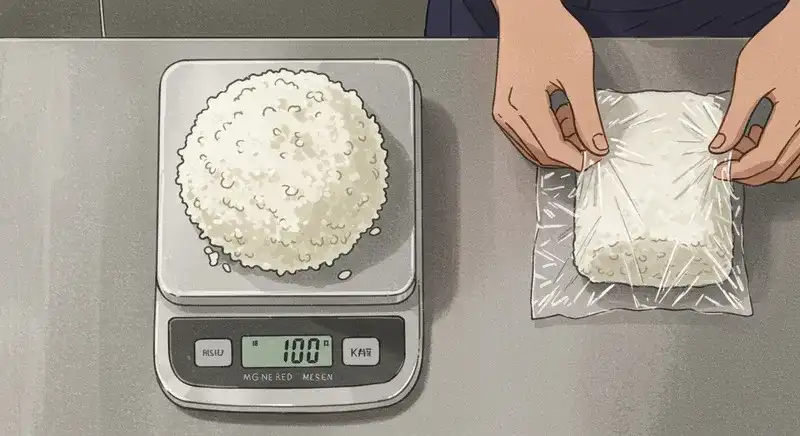 スケールでごはんを量りラップに包む