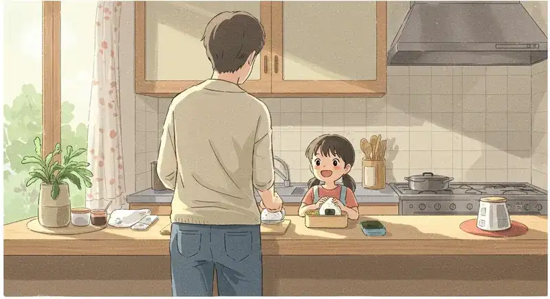 おにぎりを作る親子の後ろ姿