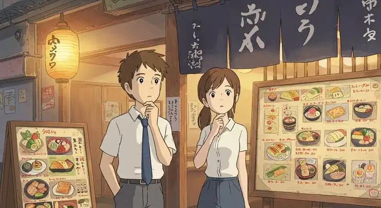 かまどや風店舗前でメニューに迷う男女