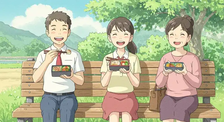 人気弁当を手に笑顔の３人（学生・OL・主婦）