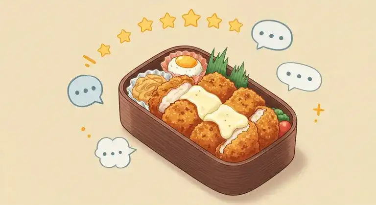 星評価とレビューアイコンに囲まれた弁当