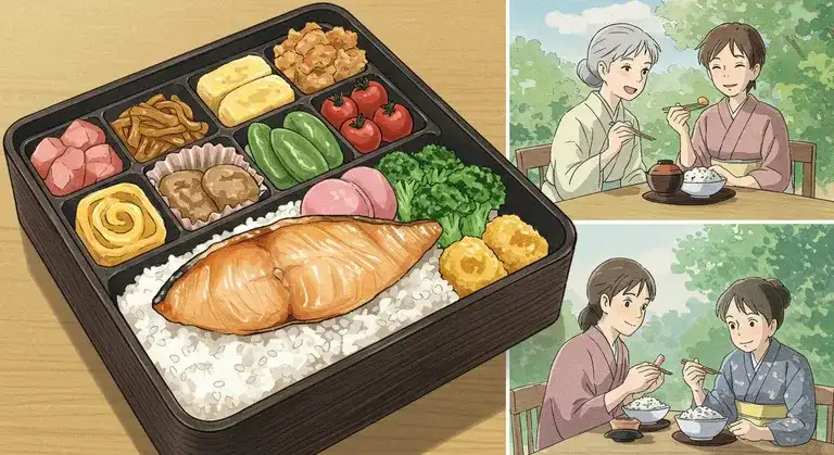 ヘルシー弁当を笑顔で食べる女性と高齢者
