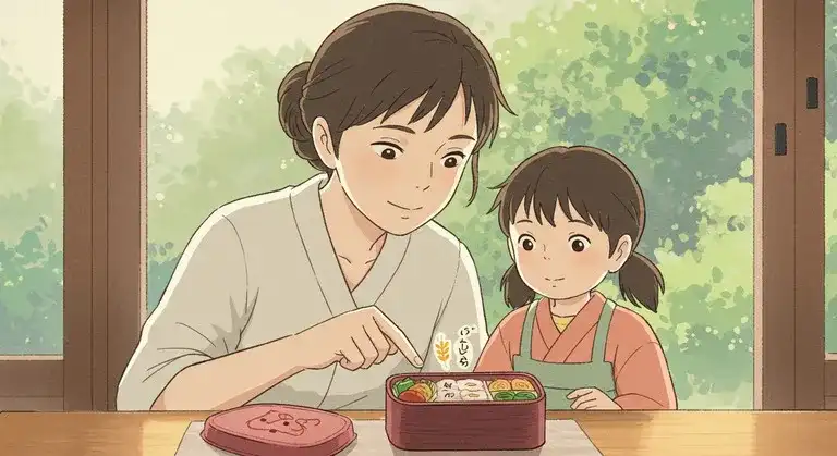 弁当の成分表示風ラベルを確認する親子