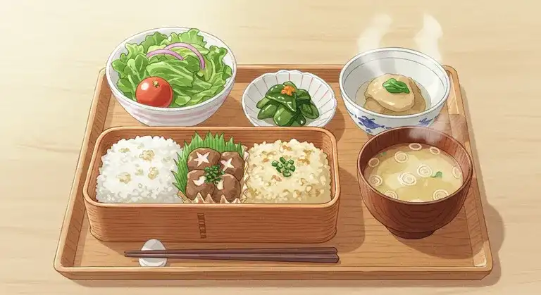 弁当とサイドメニュー（サラダ・味噌汁・煮物）