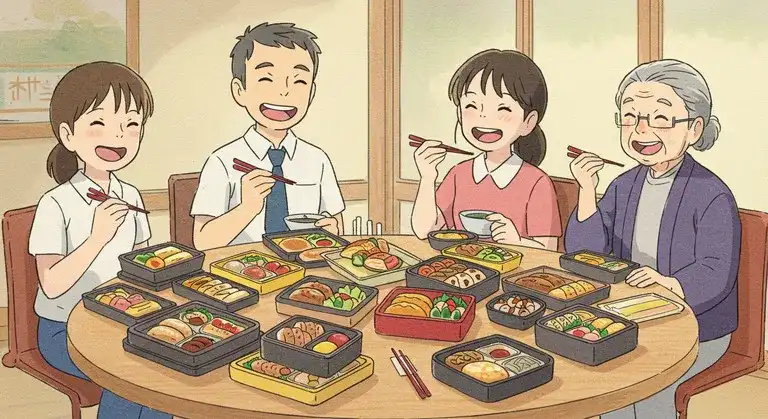 様々な弁当を囲み談笑する４人