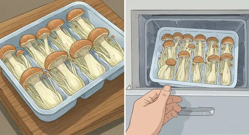 製氷皿で小分け冷凍されるなめこ