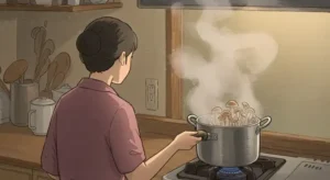 見た目の違うなめこと鍋のある台所