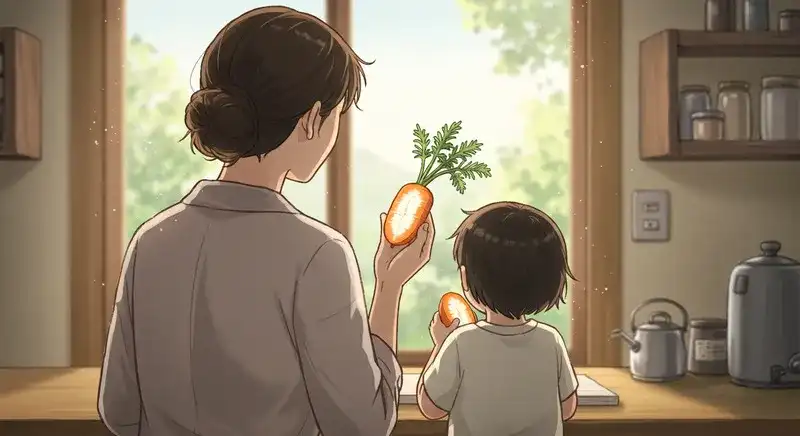 カットされたにんじんを見る親子