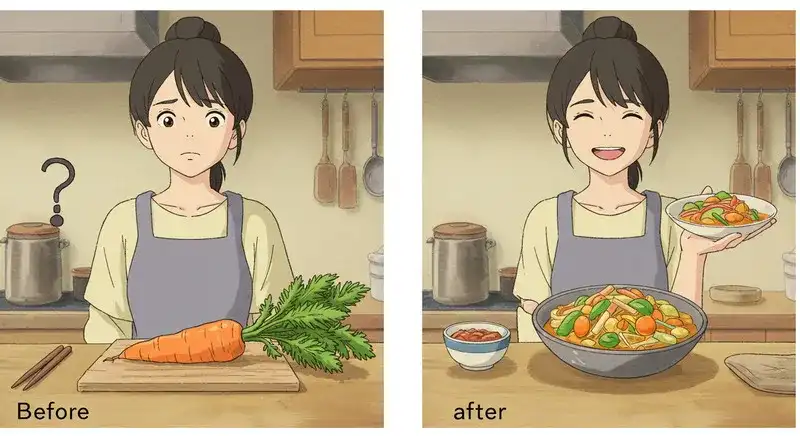 にんじんを調理して喜ぶ女性