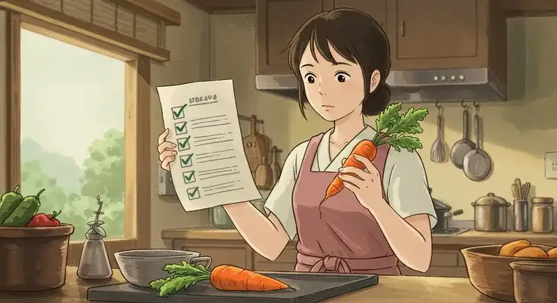 にんじんを確認する女性とチェックリスト