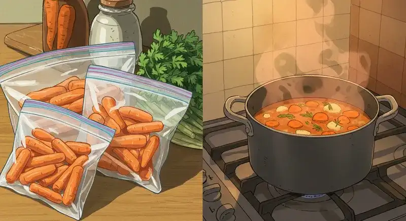 にんじんの保存と調理が同時に行われている様子