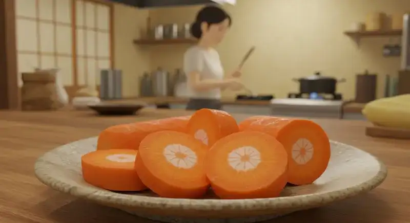 カットしたにんじんと調理中の女性