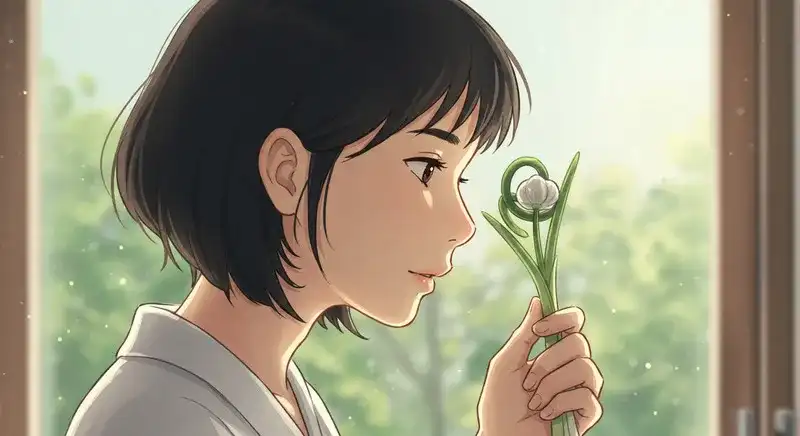 にんにくの芽の匂いを嗅ぐ女性