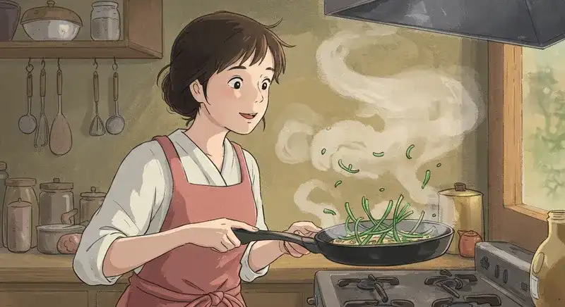 炒めた芽の香りに驚く女性