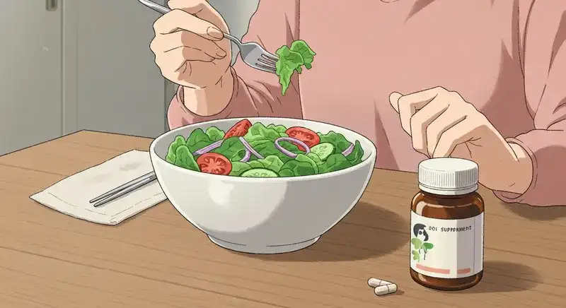 先にサラダを食べる女性とサプリ