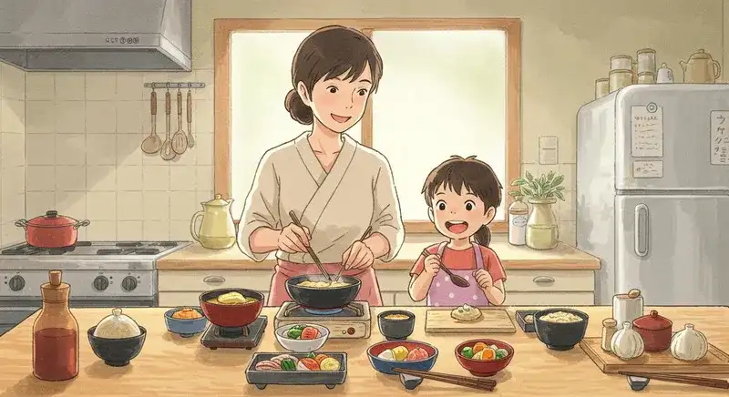 キッチンで定食を再現する母子