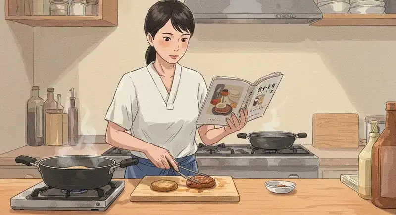 レシピを見ながら料理する男性