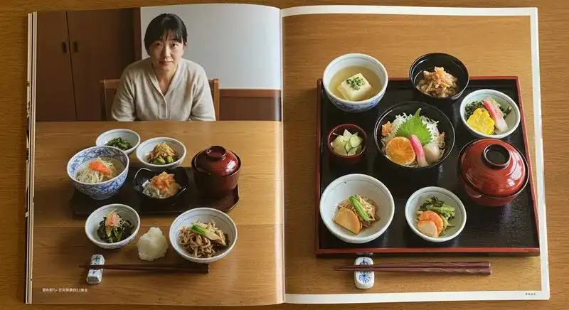 和食レシピ本と完成料理