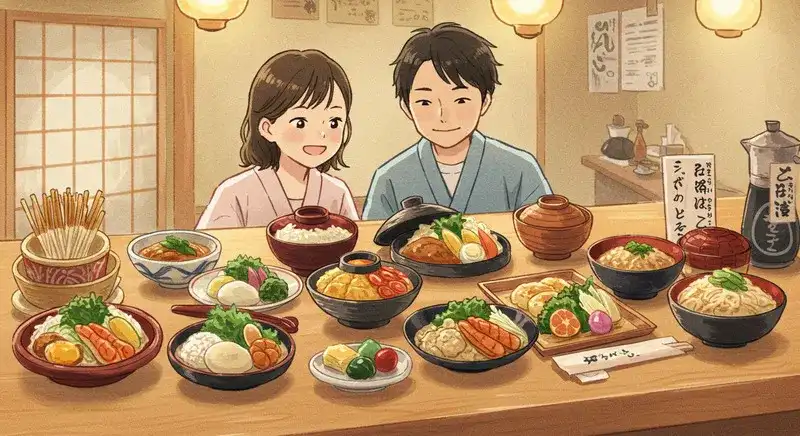 昼の光の中に並んだ5つの定食